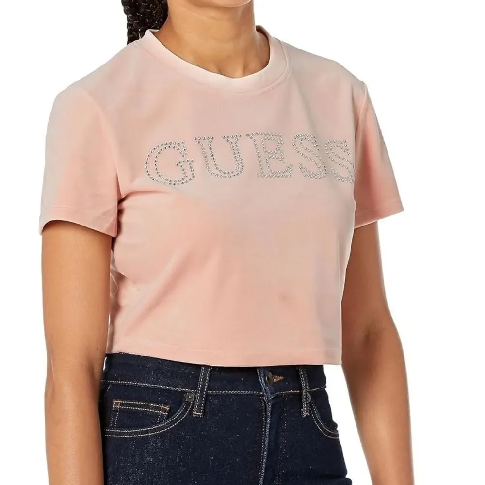 Guess Rhinestone Front Logo Powder Pink Velour Cropped Short Sleeve Shirt Size S